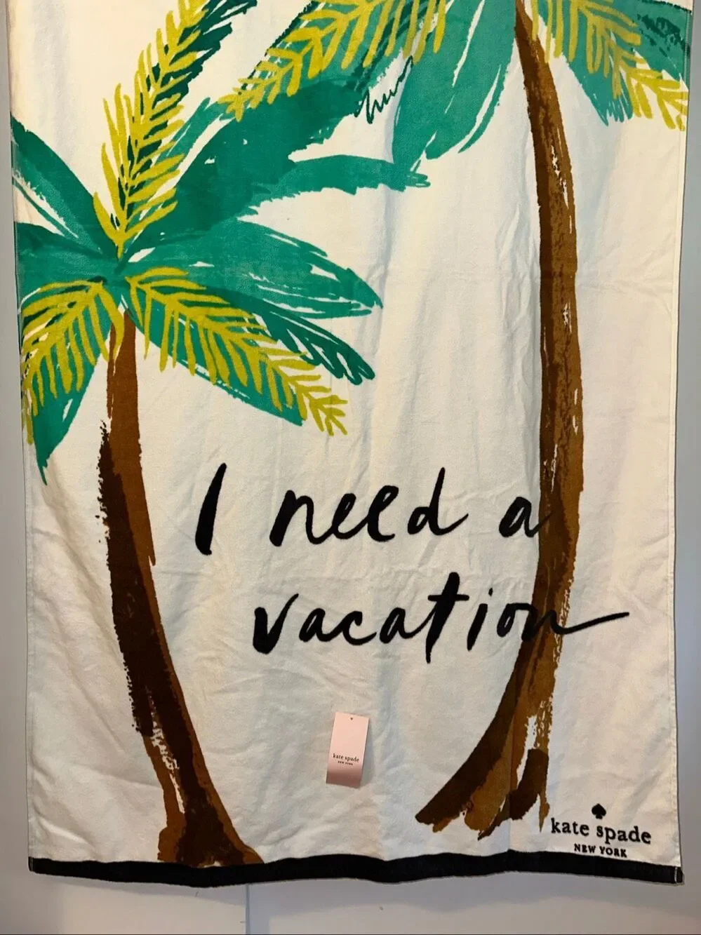 Kate Spade Beach Towel White Palm Tree “I Need A Vacation” 40x70” NWT